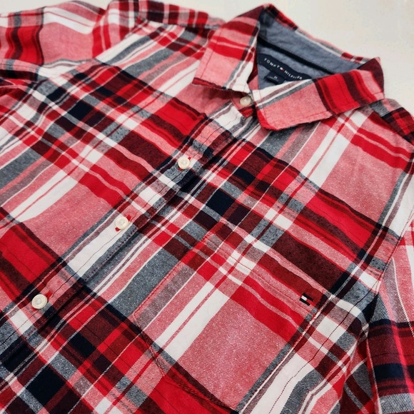 Tommy Hilfiger Popover Red Plaid Women Medium Roll-Tab Long Sleeve Button Down - Picture 2 of 10